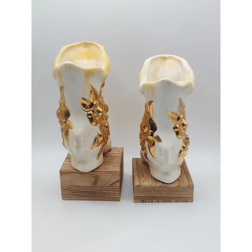 Vintage White Gold Ceramic Boot Planter Pair Rose Floral Shabby Chic Victorian